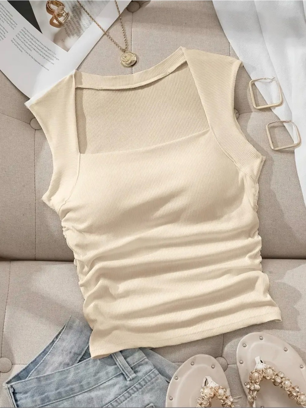 Square-Neck Ribbed Tank Top in Cream